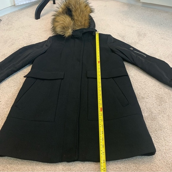 Zara Women’s Black Wool Puffer Sleeve Hooded Fur Zip Peacoat Parka Jacket Sz S - Picture 13 of 14
